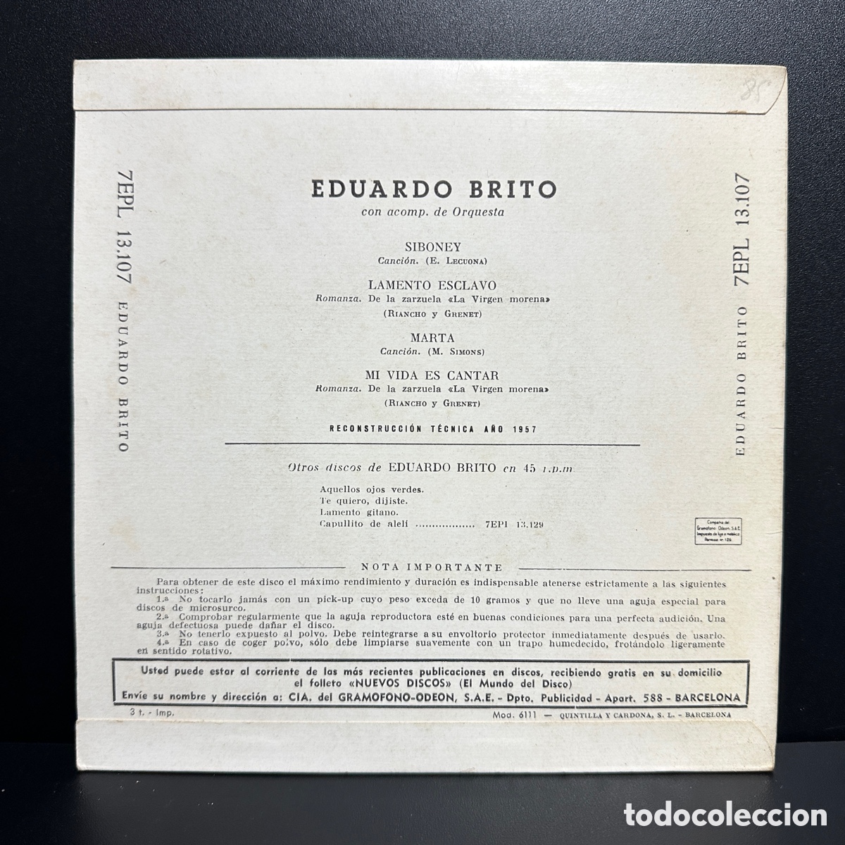 Discos de vinilo: Eduardo Brito - Siboney (7&rdquo;, EP) - Foto 2
