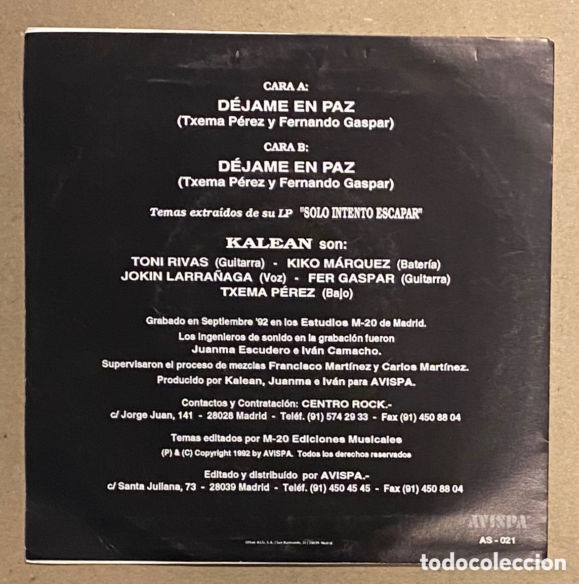 Discos de vinilo: SINGLE VINILO. KALEAN &ldquo;D&Eacute;JAME EN PAZ!&rdquo; (AVISPA 1992). - Foto 2