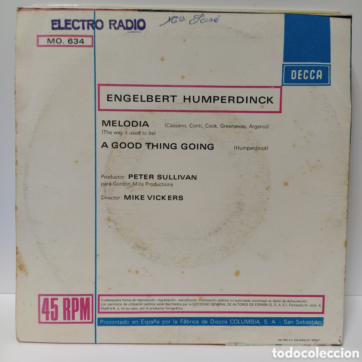 Discos de vinilo: Engelbert Humperdinck - Melod&iacute;a (7&rdquo;, Single) - Foto 2