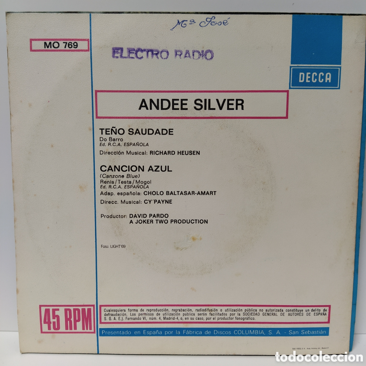 Discos de vinilo: Andee Silver - Te&ntilde;o Saudade / Cancion Azul (7&rdquo;, Single) - Foto 2