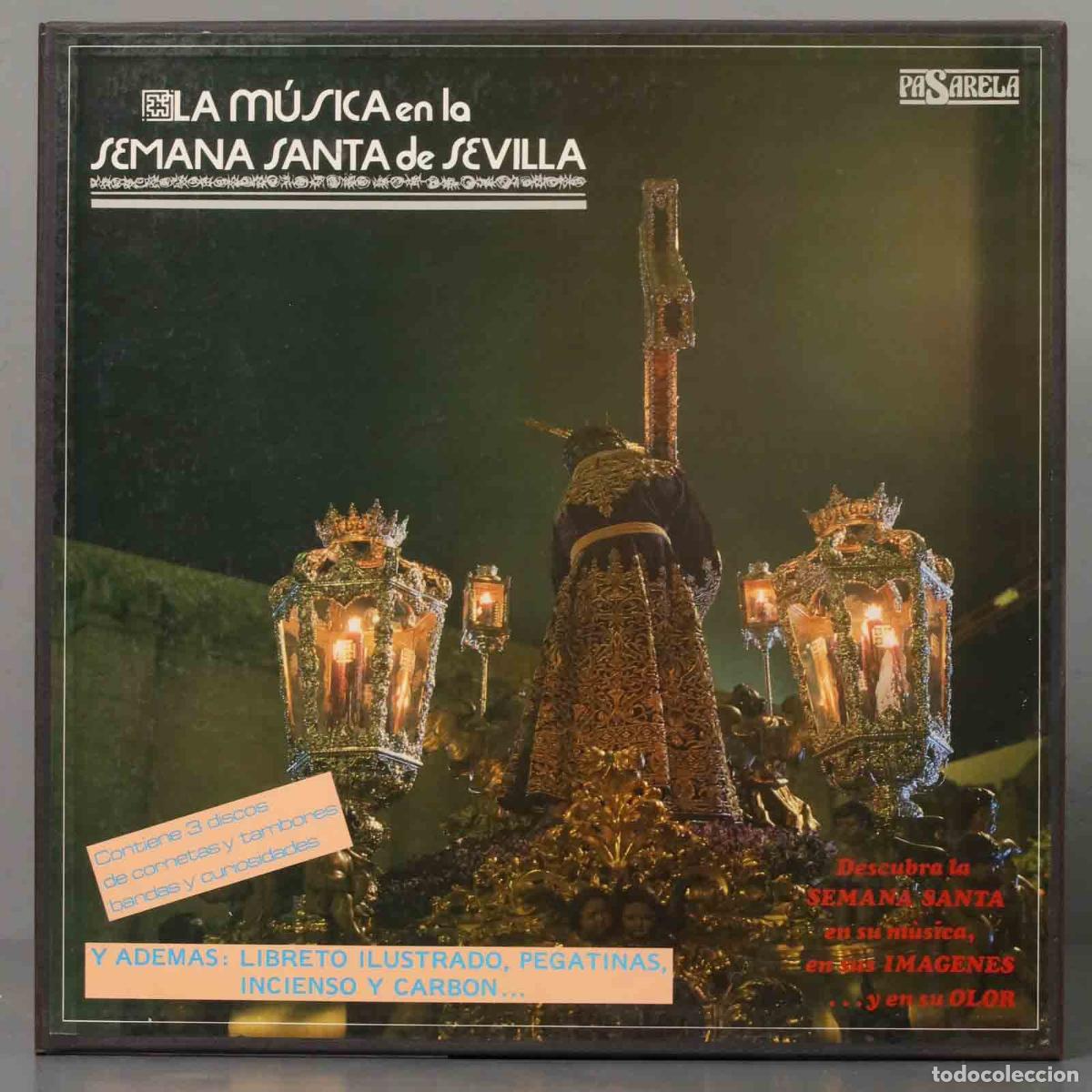 Discos de vinilo: LP. La M&uacute;sica En La Semana Santa De Sevilla. CON DOS PEGATINAS. IMAGEN PASO E INCIENSO CON CARBON
