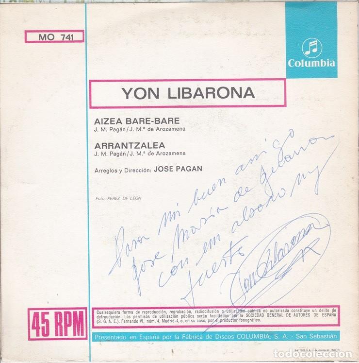 Discos de vinilo: Yon Libarona &ndash; Aizea Bare-bare; Arrantzalea &ndash; COLUMBIA 741 - 1969 - Foto 2