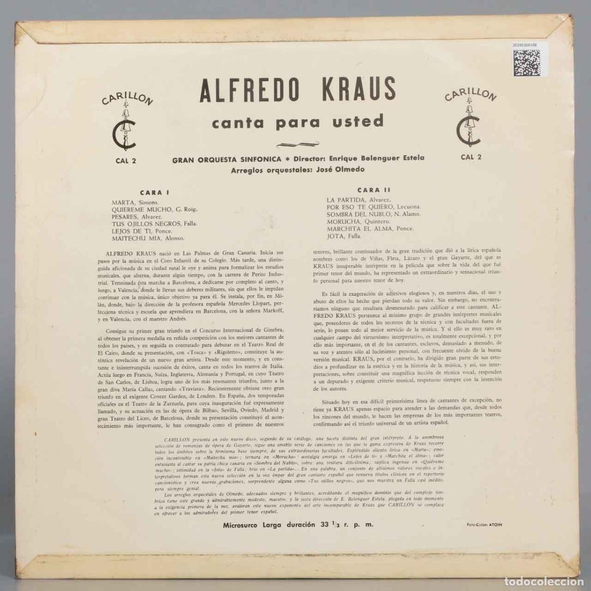 Discos de vinilo: LP. Alfredo Kraus &ndash; Canta Para Usted... - Foto 2