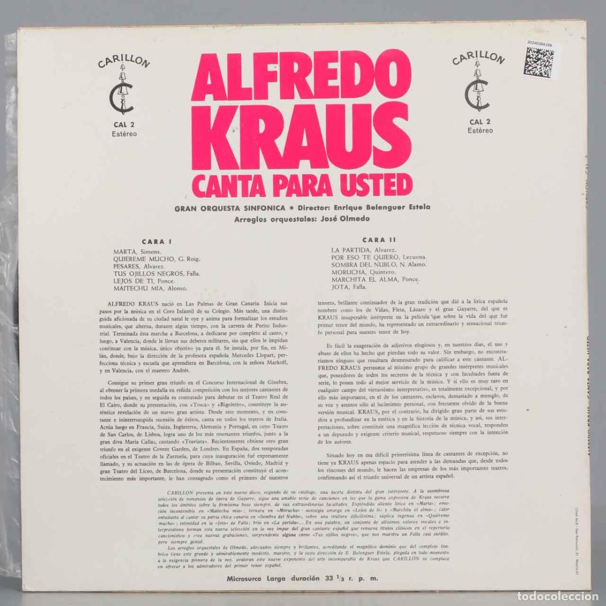 Discos de vinilo: LP. Alfredo Kraus &ndash; Canta Para Usted... - Foto 2