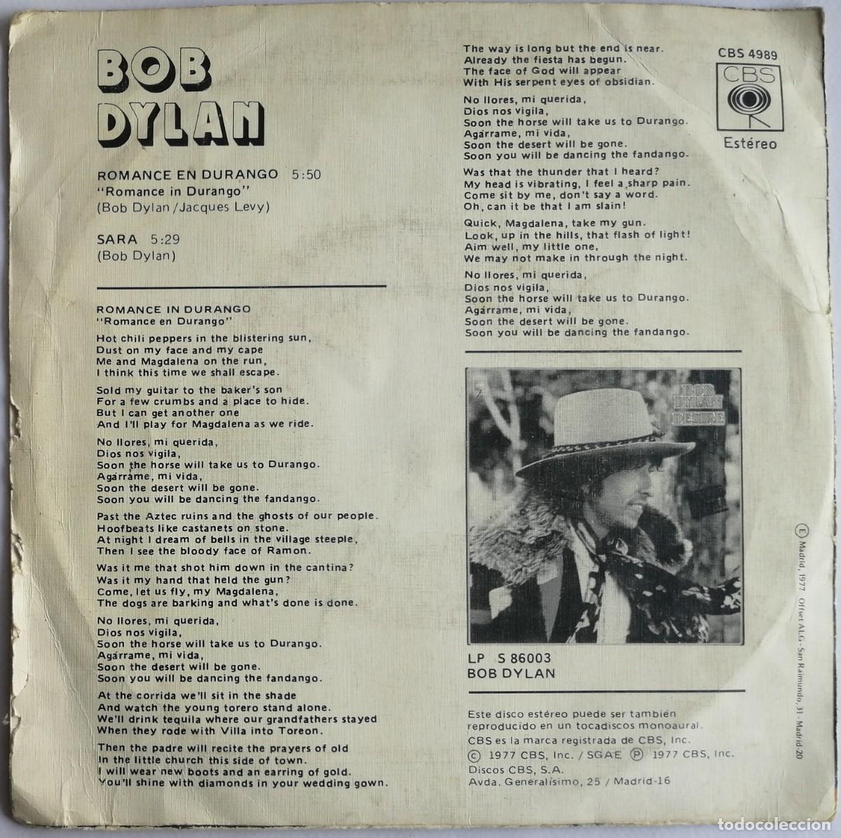 Discos de vinilo: Bob Dylan, Romance En Durango, CBS 4989 - Foto 2