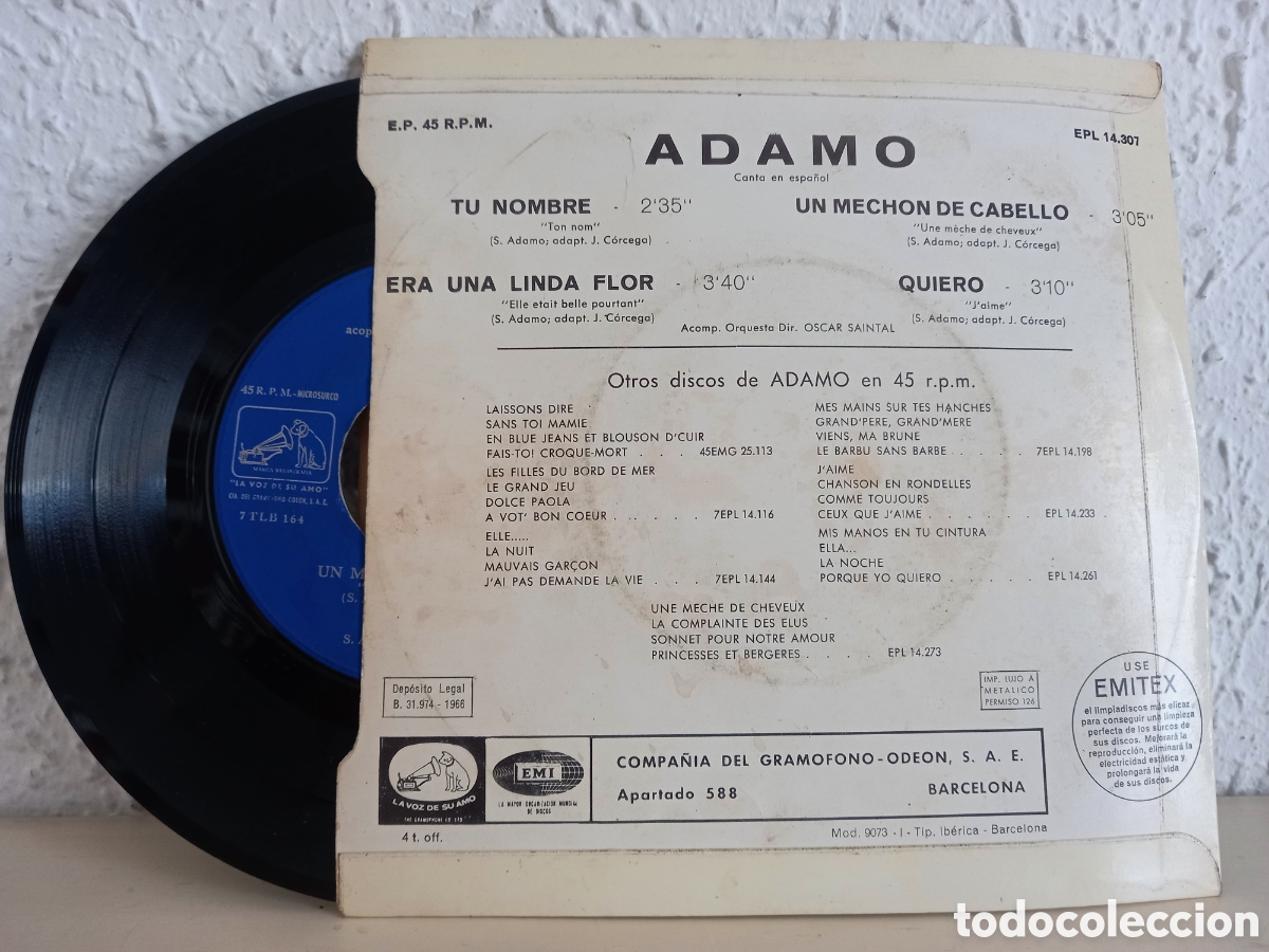 Discos de vinilo: ADAMO. Tu nombre. EP ODEON 1966 - Foto 2