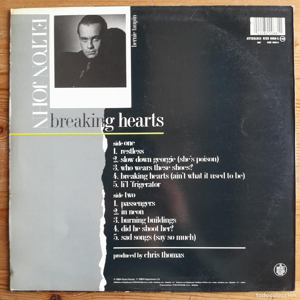 Discos de vinilo: ELTON JOHN : BREAKING HEARTS [ROCKET - ESP 1984] LP - Foto 2