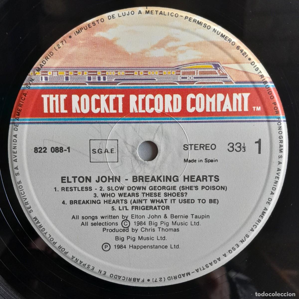 Discos de vinilo: ELTON JOHN : BREAKING HEARTS [ROCKET - ESP 1984] LP - Foto 4