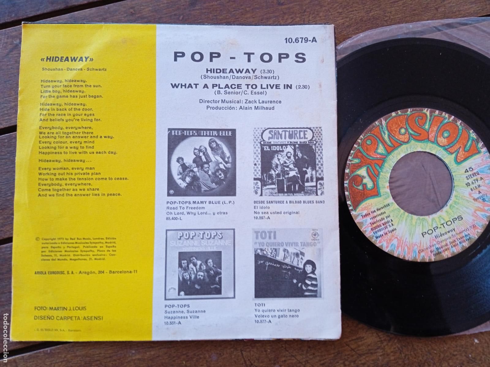 Discos de vinilo: POP TOPS SINGLE. HIDEAWAY. MADE IN SPAIN. 1972 - Foto 2