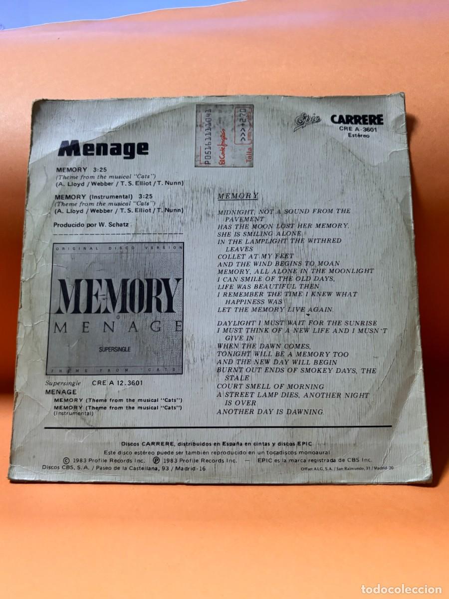 Discos de vinilo: SINGLE - MENAGE - MEMORY - CARRERE - MADRID 1983 - Foto 4