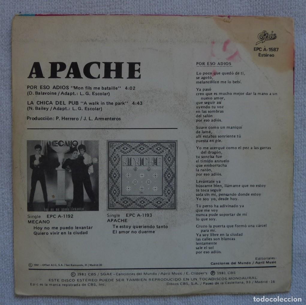Discos de vinilo: APACHE // POR ESO ADIOS // PPROMOCIONAL// 1981 // SINGLE - Foto 2