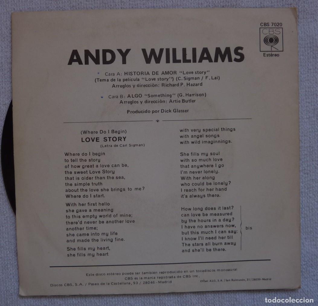 Discos de vinilo: ANDY WILLIAMS // LOVE STORY // 1971 // SINGLE - Foto 2