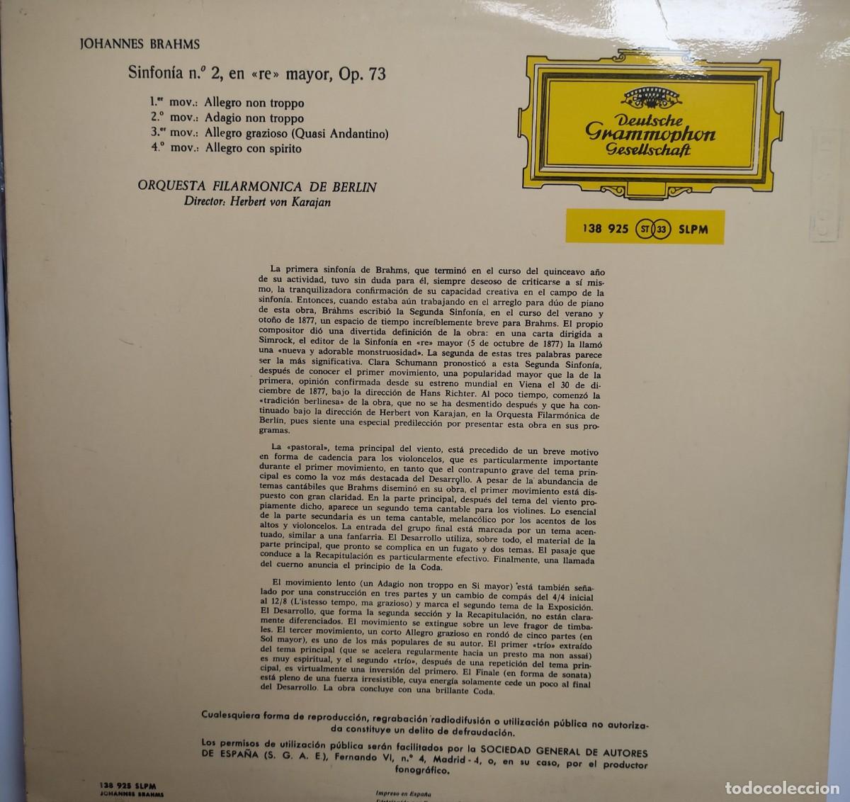 Discos de vinilo: Brahms sinfon&iacute;a numero 2 - Herbert Karajan - Foto 2