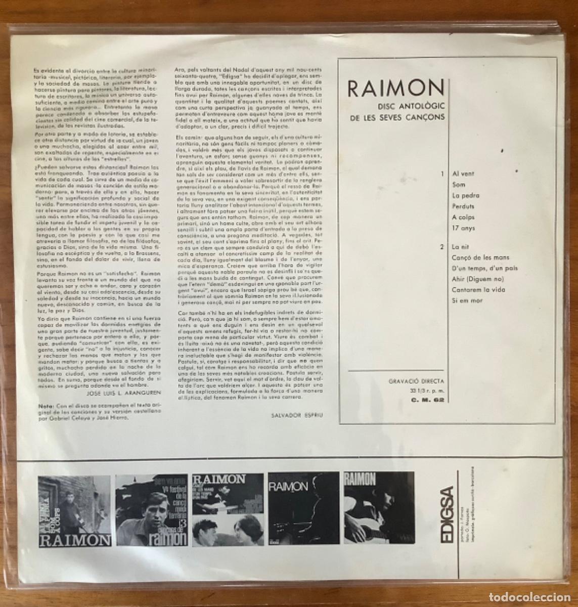 Discos de vinilo: RAIMON-DISC ANTOLOGIC DE LES SEVES CAN&Ccedil;ONS - Foto 2