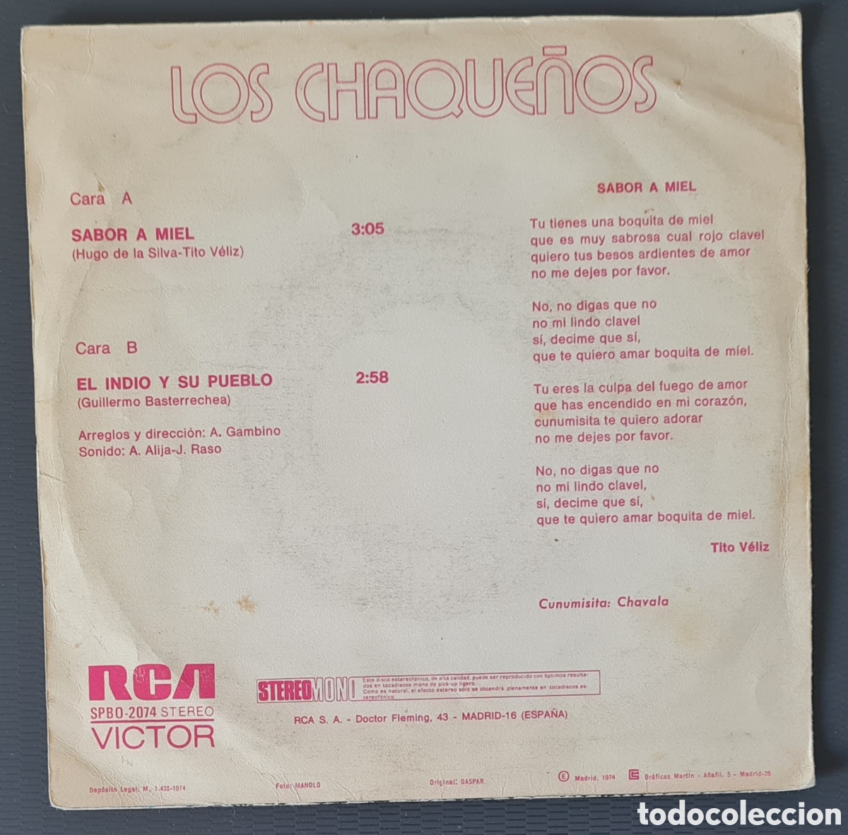 Discos de vinilo: SINGLE - LOS CHAQUE&Ntilde;OS - SABOR A MIEL - 1973 - Foto 2