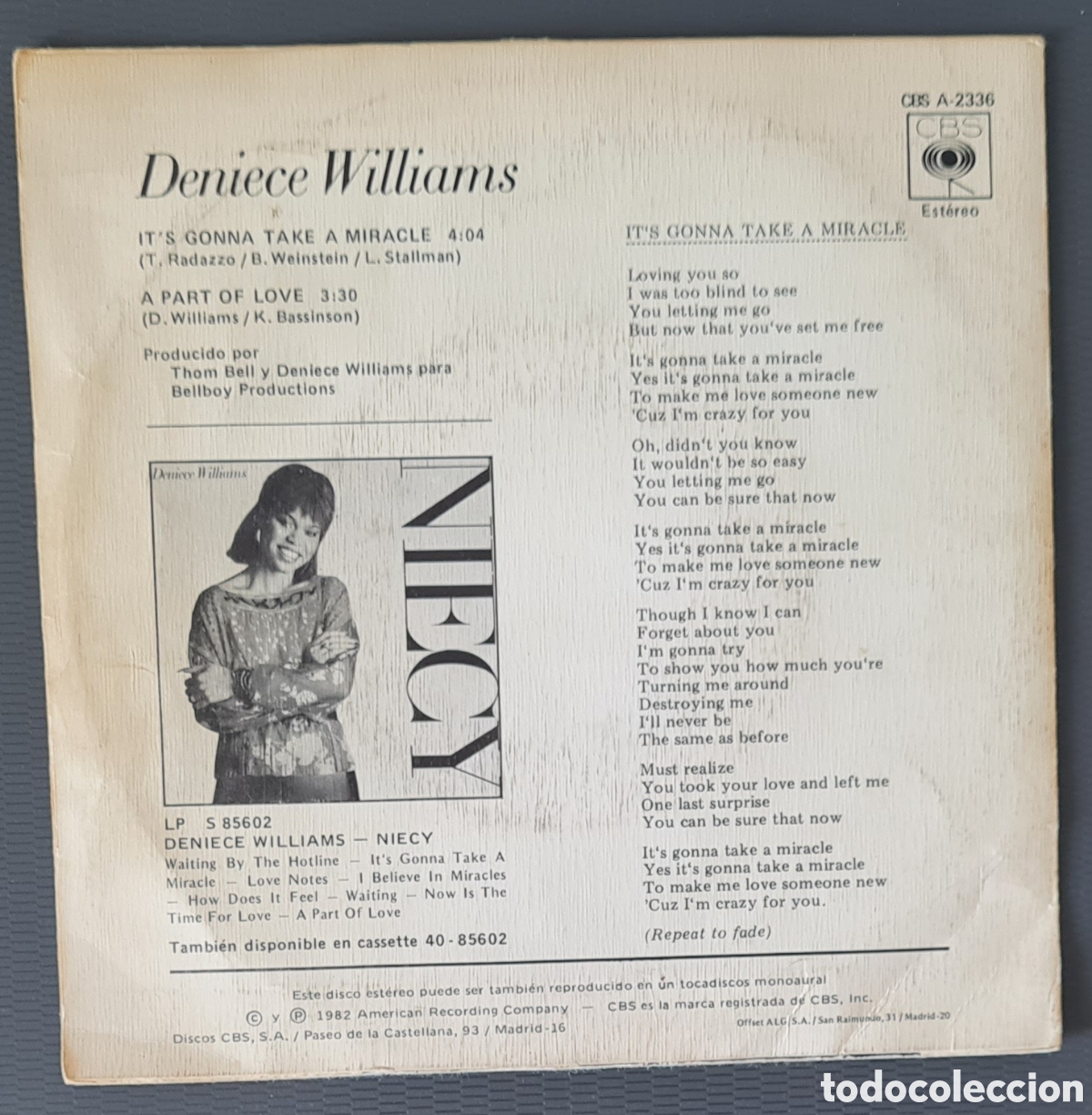 Discos de vinilo: SINGLE - DENIECE WILLIAMS - ITS GONNA TAKE A MIRACLE - 1982 - Foto 2