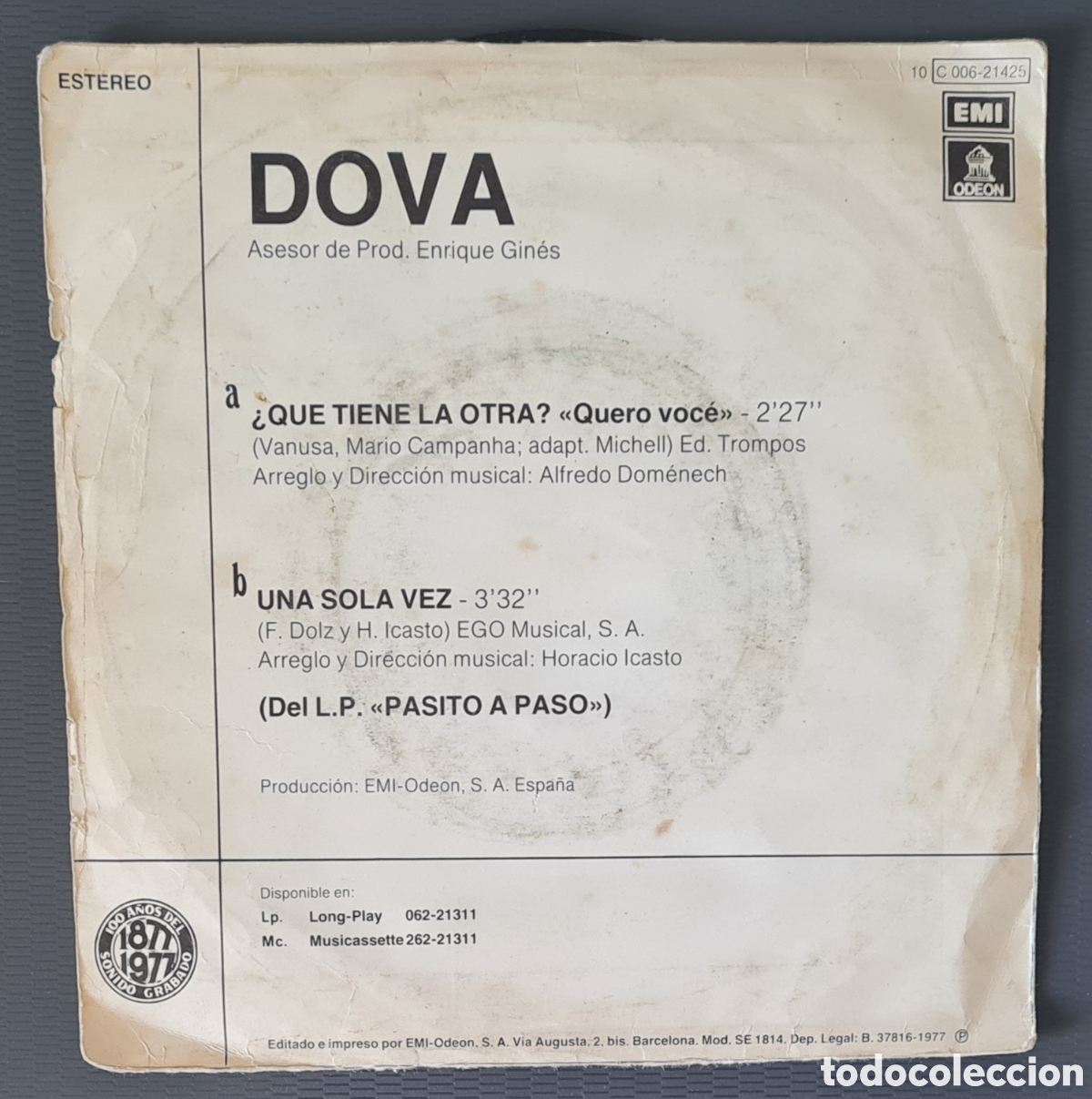 Discos de vinilo: SINGLE - DOVA - &iquest;QUE TIENE LA OTRA? 1977 - Foto 2