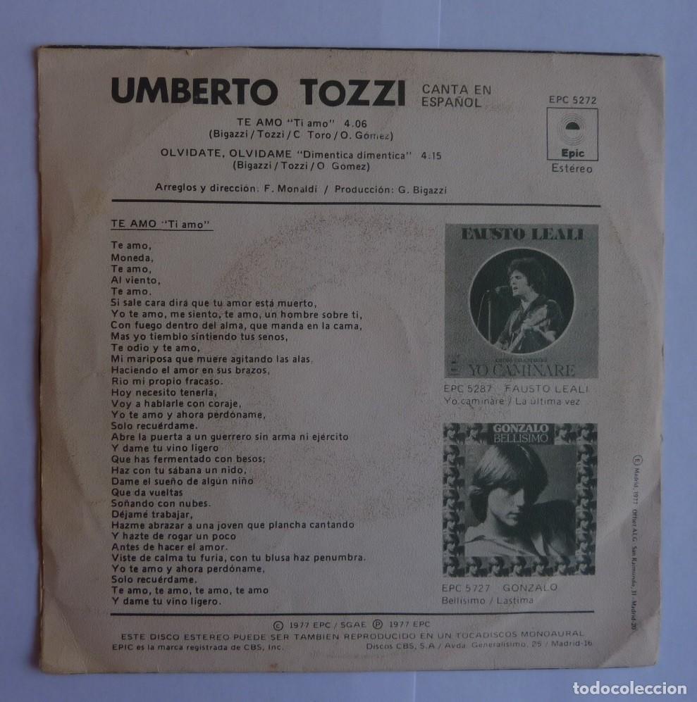 Discos de vinilo: UMBERTO TOZZI // TE AMO // 1977 // SINGLE - Foto 2