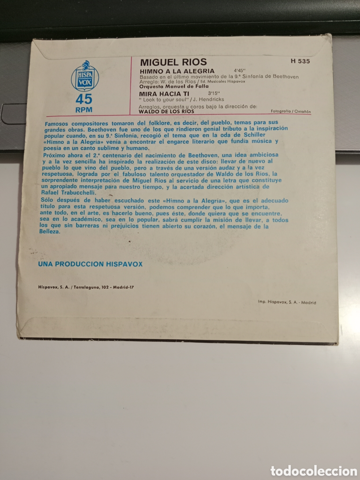 Discos de vinilo: Miguel R&iacute;os - Himno de la alegria - Foto 2