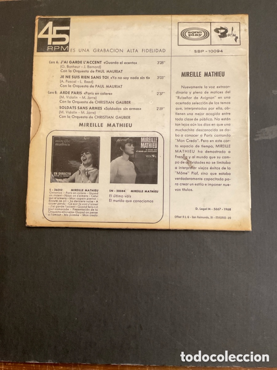 Discos de vinilo: MIREILLE MATHIEU-GUARDO EL ACENTO EP - Foto 2
