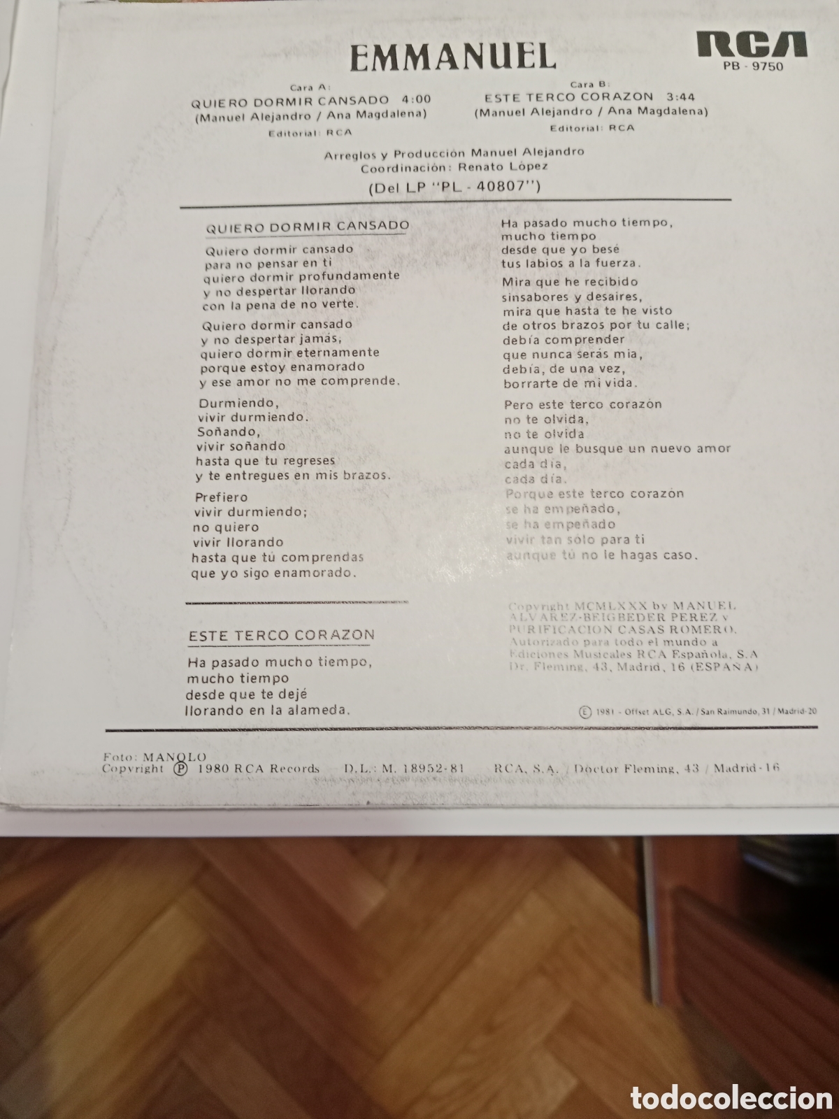 Discos de vinilo: Emmanuel - Quiero dormir cansado - Foto 2