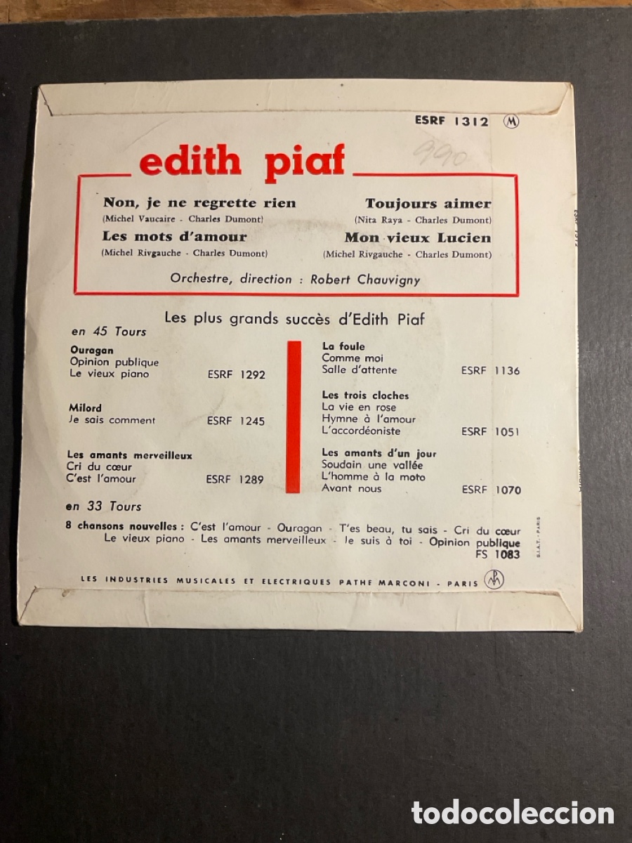 Discos de vinilo: Edith Piaf Non,Je Ne Regrette Rien - Foto 2