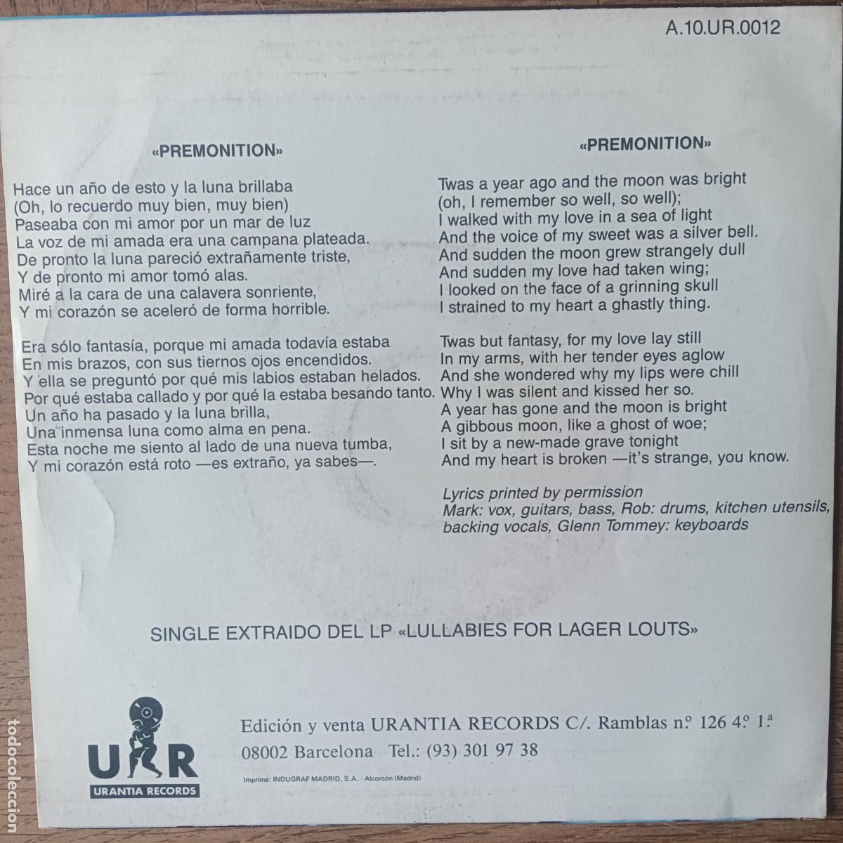 Discos de vinilo: BIG VERN, PREMONITION. SINGLE 1989 URANTIA - Foto 2