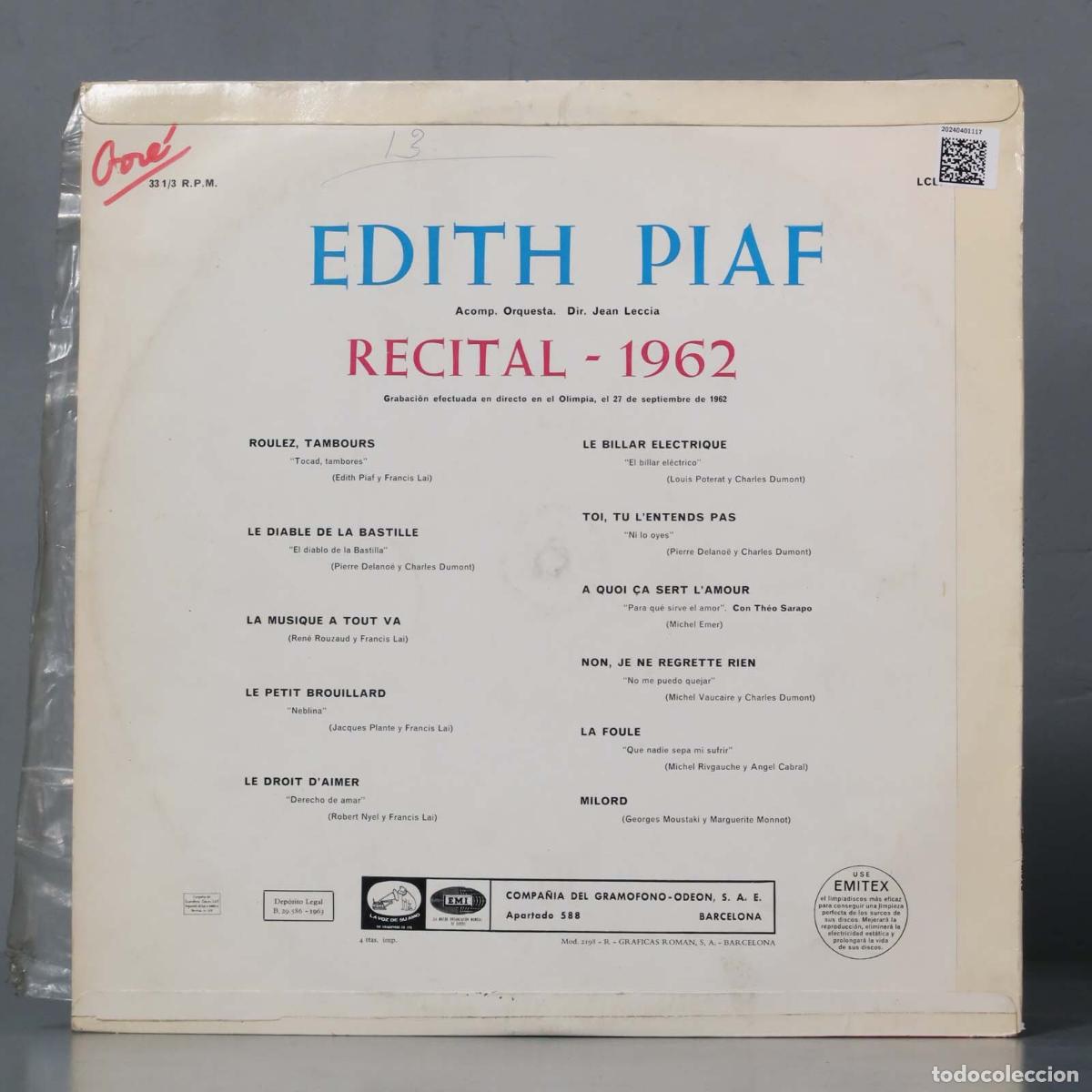 Discos de vinilo: LP. Edith Piaf &ndash; R&eacute;cital 62 - Foto 2