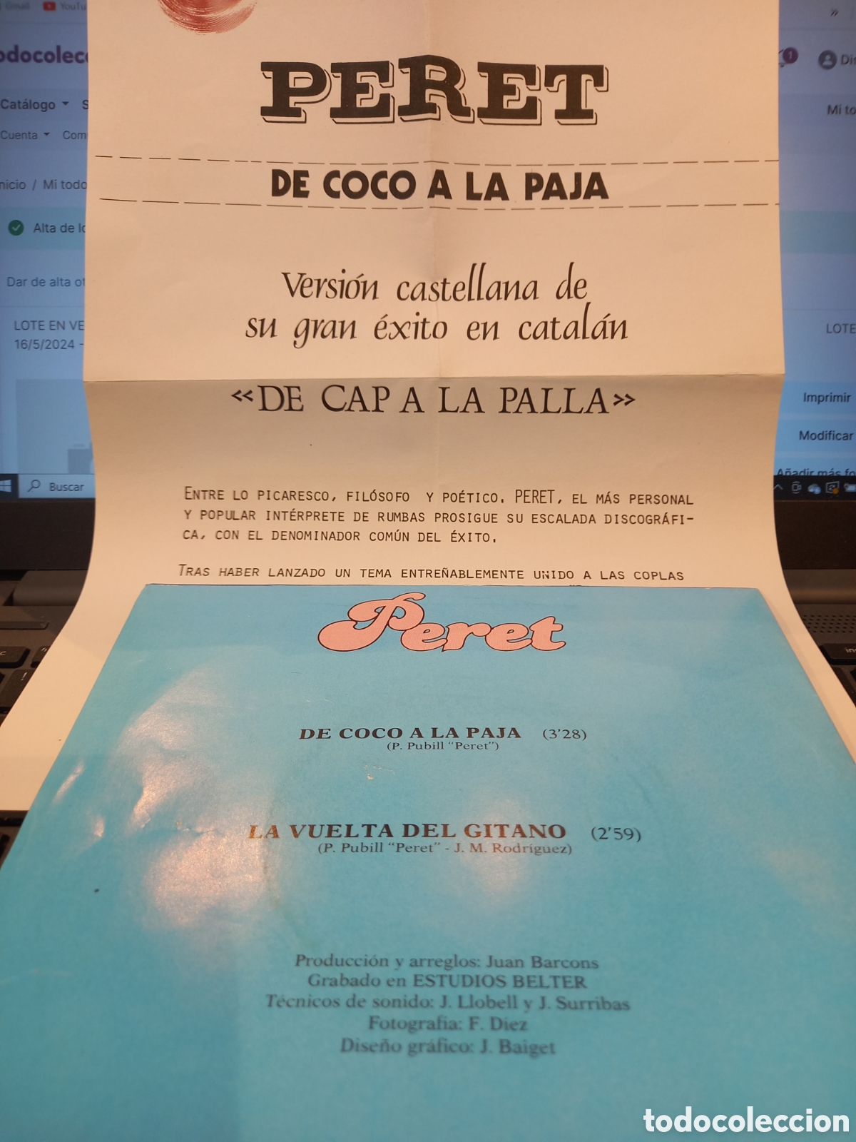 Discos de vinilo: PERET - De Coco a la Paja / La Vuelta del Gitano - SINGLE PROMO C&oacute;mo nuevo - Foto 2