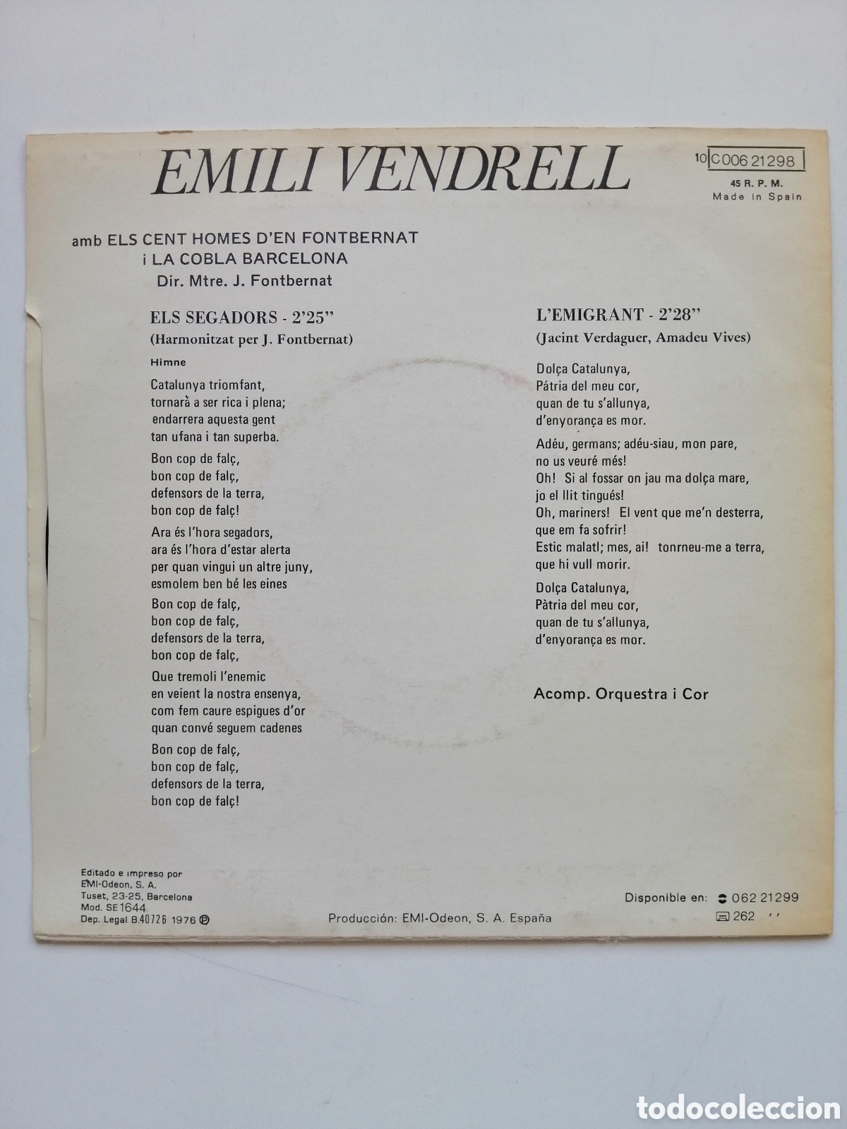Discos de vinilo: Els segadors / lemigrant emili vendrell vinilo - Foto 2