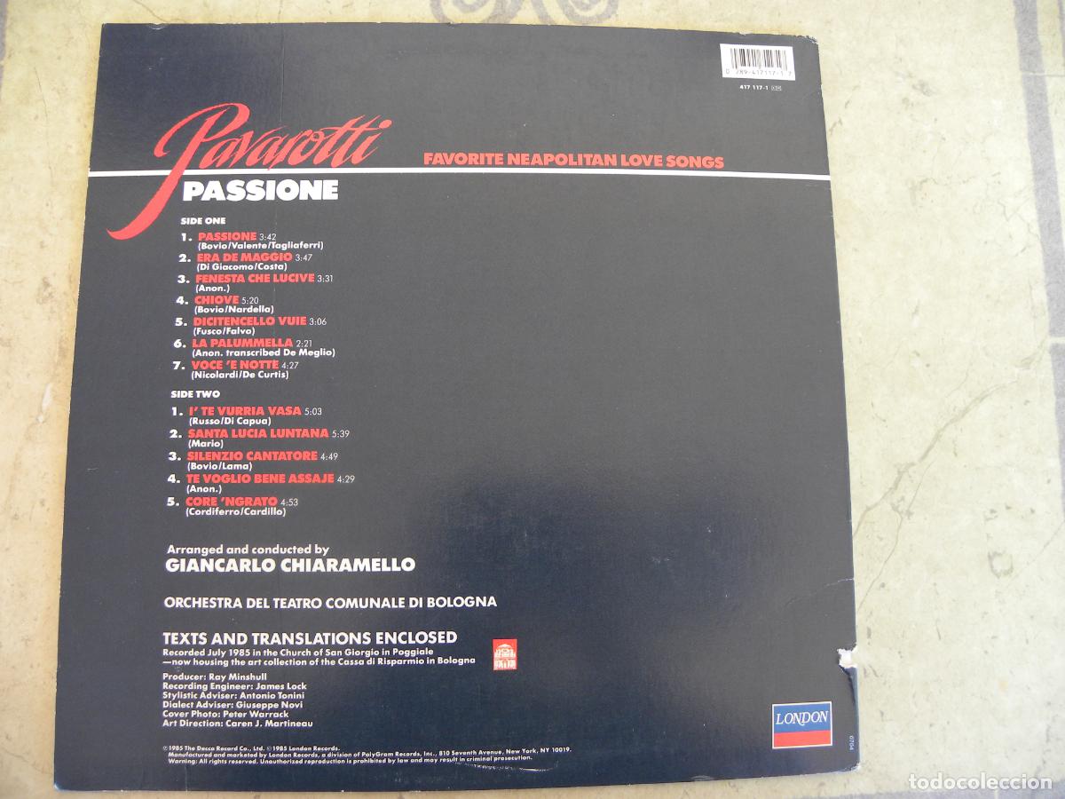Discos de vinilo: PAVAROTTI PASSIONE -LP 1985 -EDIC. INGLESA - Foto 2