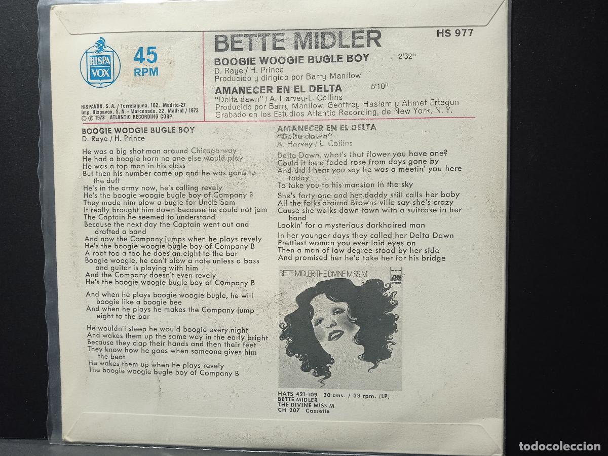 Discos de vinilo: BETTE MIDLER BOOGIE WOOGIE BUGLE BOY SINGLE SPAIN 1973 PDELUXE - Foto 2