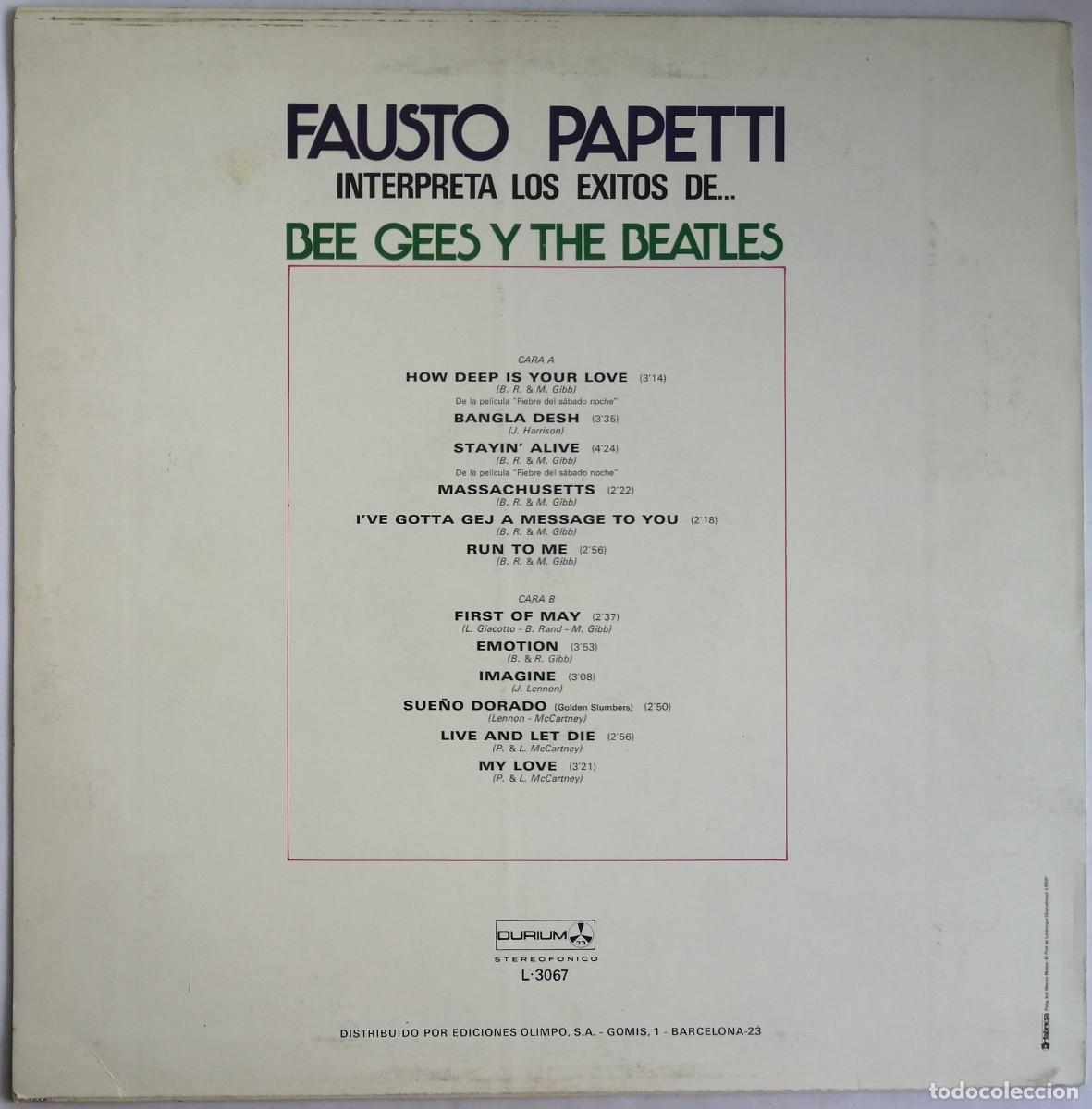 Discos de vinilo: Fausto Papetti, Interpreta Los Exitos De...Bee Gees Y The Beatles, Durium L-3067 - Foto 2