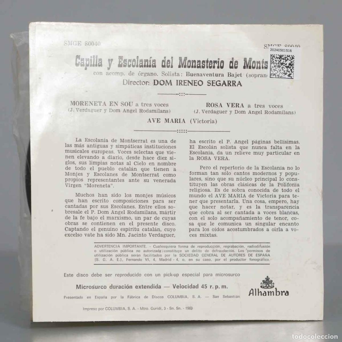 Discos de vinilo: SINGLE. ESCOLANIA DE MONTSERRAT - MORENETA EN SOU - Foto 2