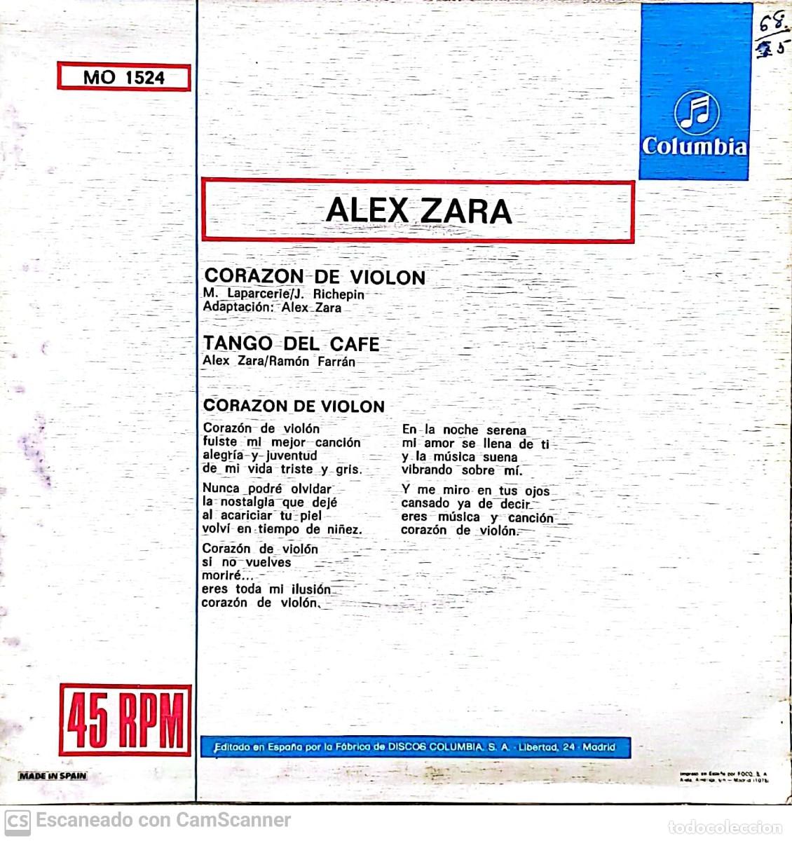 Discos de vinilo: Alex Zara &lrm;&ndash; Coraz&oacute;n De Viol&oacute;n / Tango Del Caf&eacute; - Foto 2