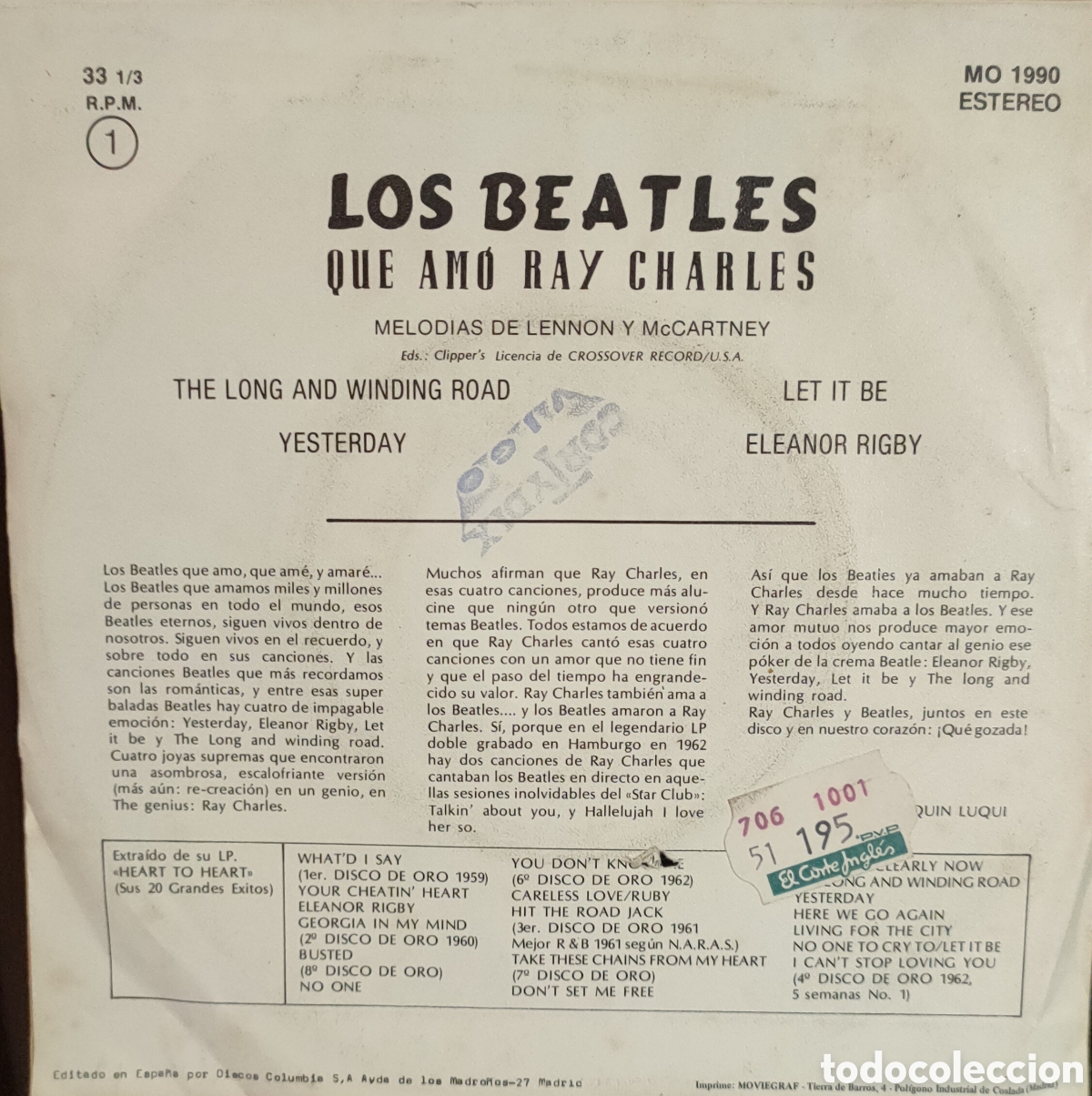 Discos de vinilo: Ray Charles &ndash; Los Beatles Que Am&oacute; Ray Charles ..single disco de vinilo - Foto 2