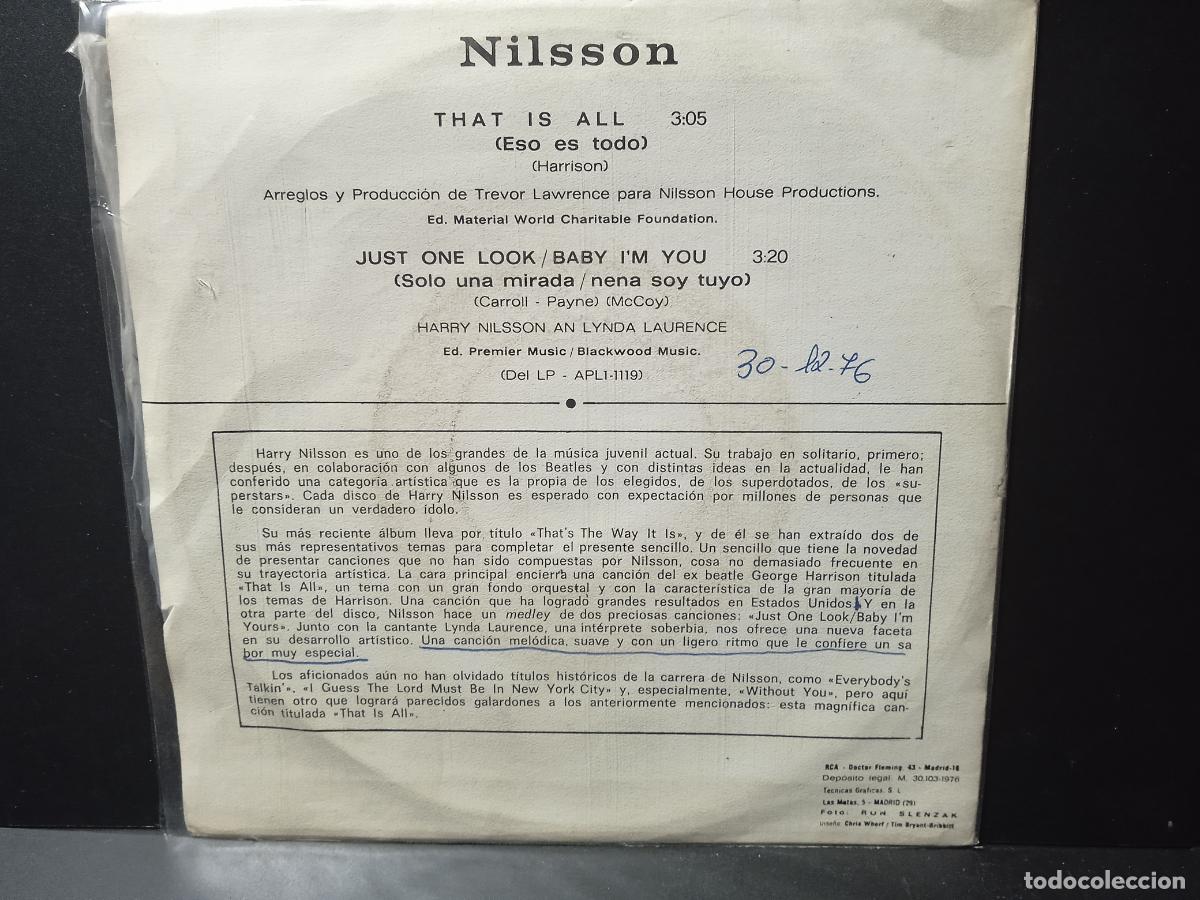 Discos de vinilo: NILSSON THAT IS ALL SINGLE SPAIN 1976 PDELUXE - Foto 2
