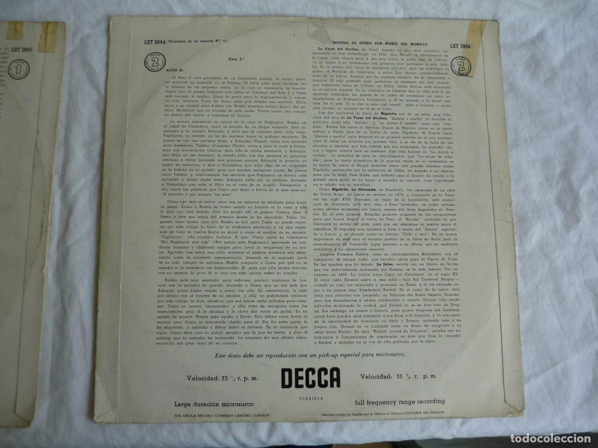 Discos de vinilo: 2 LPs vinilo Leoncavallo Pagliacci Mario de M&oacute;naco - Foto 6