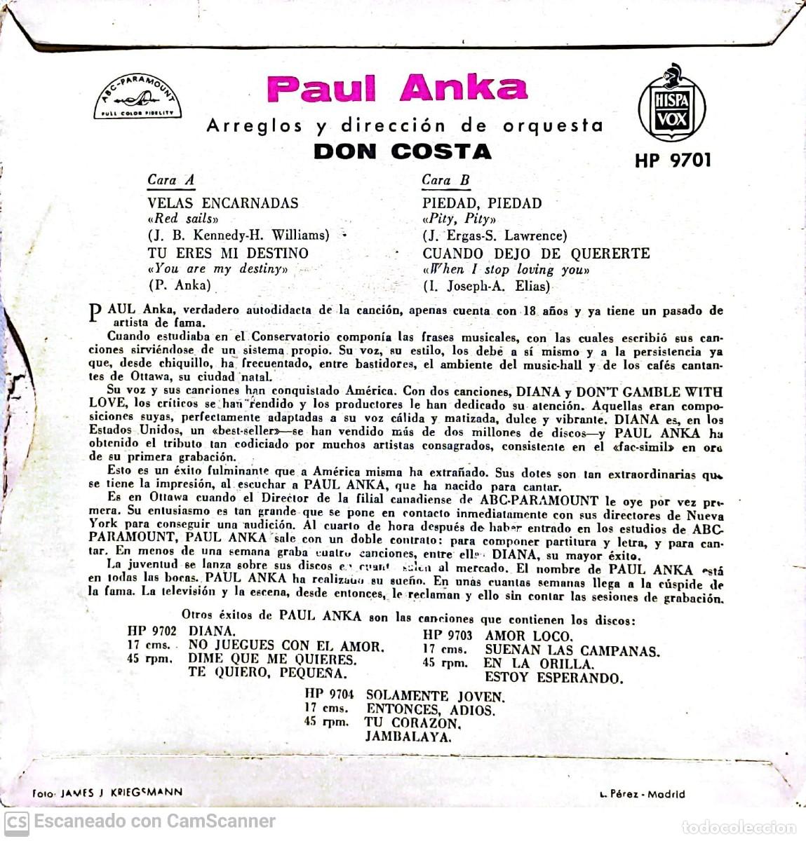 Discos de vinilo: Paul Anka &lrm;&ndash; Velas Encarnadas = Red Sails - Foto 2