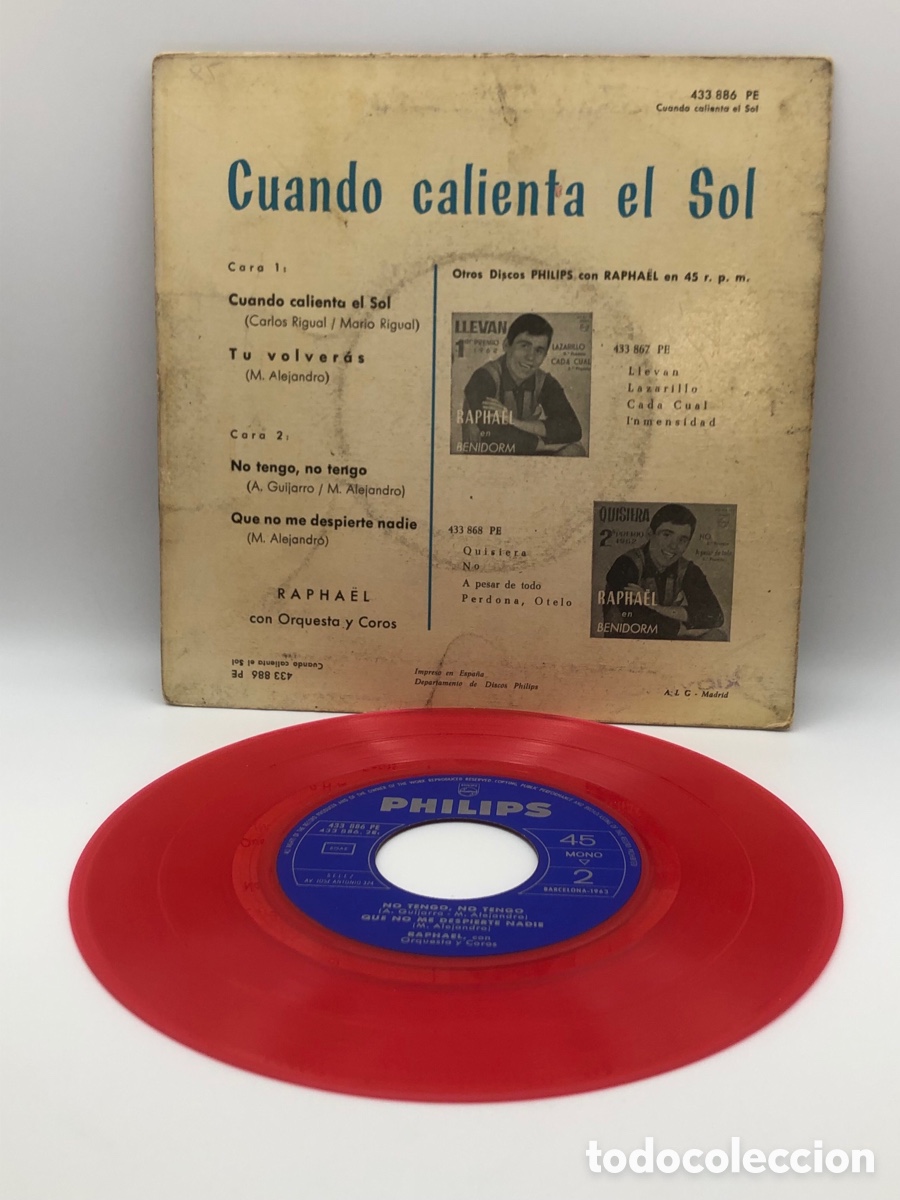 Discos de vinilo: EP RAPHAEL VERSION ROJO CUANDO CALIENTA EL SOL + 3 TEMAS REF 4733886 PE PHILLIPS - Foto 2
