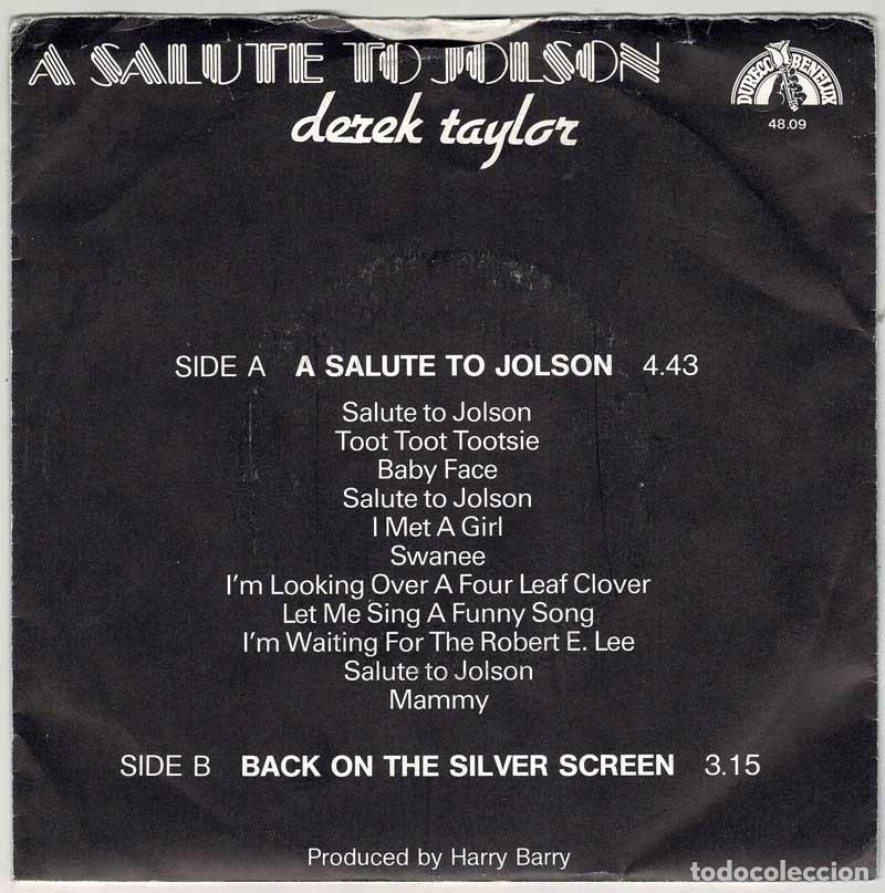 Discos de vinilo: Derek Taylor - A Salute to Jolson / Back on the Silver Screen. Single - Foto 2