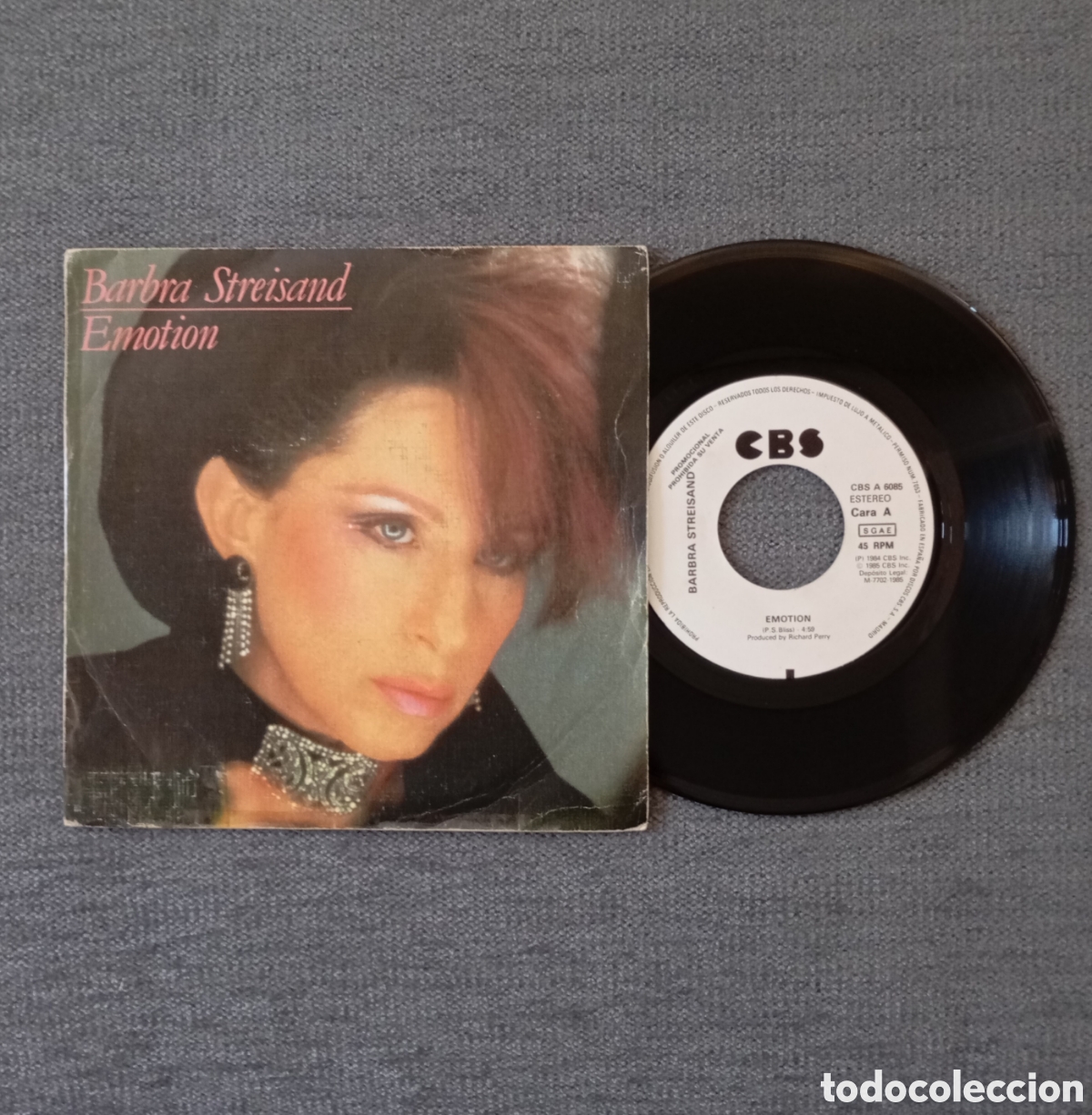 Discos de vinil: Barbra Streisand. Emotion. Single 7” PROMO, solo una cara, año 1985.
