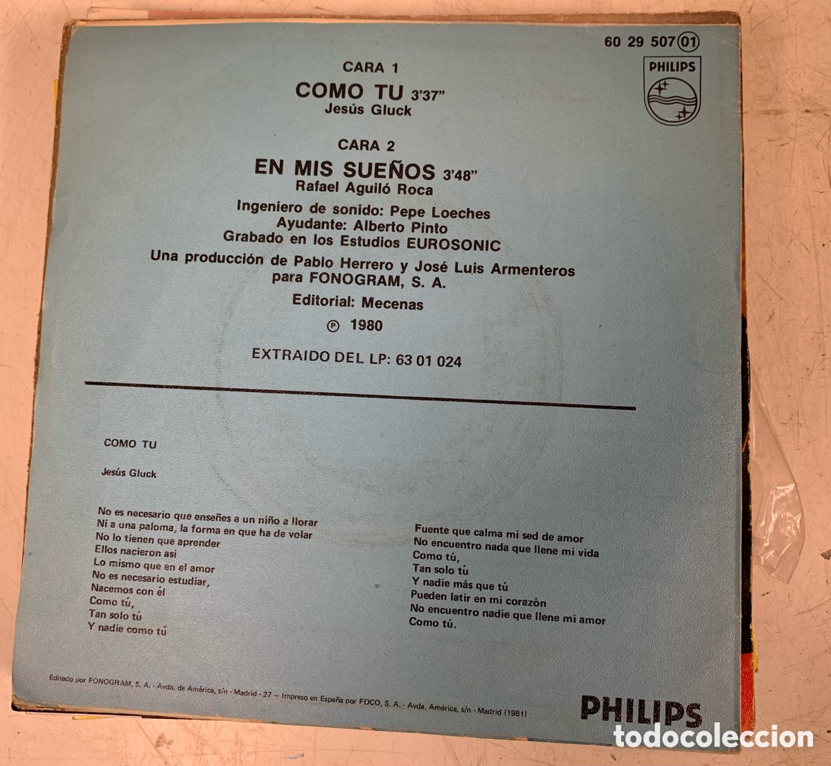 Discos de vinilo: 01_ single FALCONS - COMO TU - Foto 2