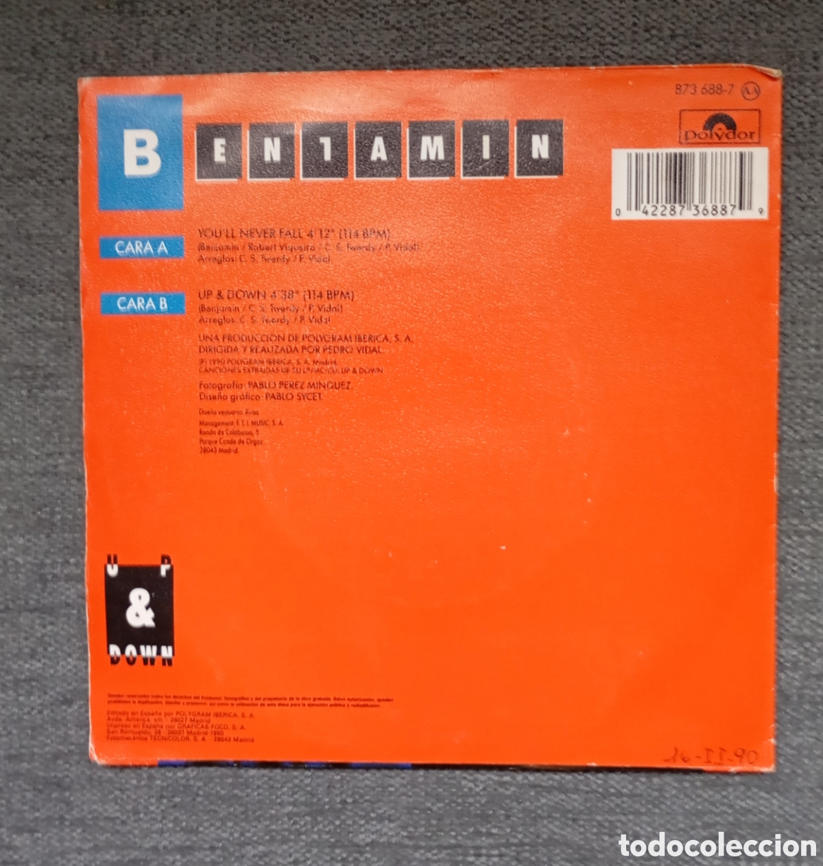 Discos de vinilo: Benjamin. Youll Never Fall/ Up & Down. Single 7&rdquo;, a&ntilde;o 1990. - Foto 2