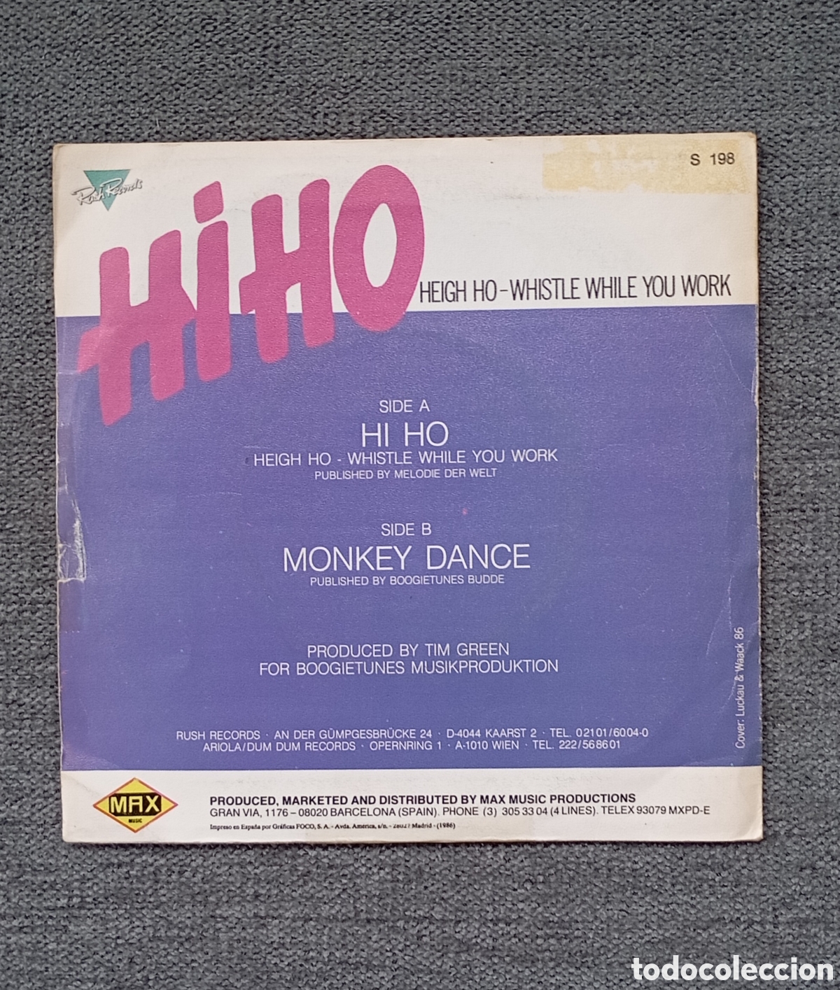 Discos de vinilo: Bruce & Bongo. Hi Ho/ Monkey Dance. Single 7&rdquo;, a&ntilde;o 1986. - Foto 2