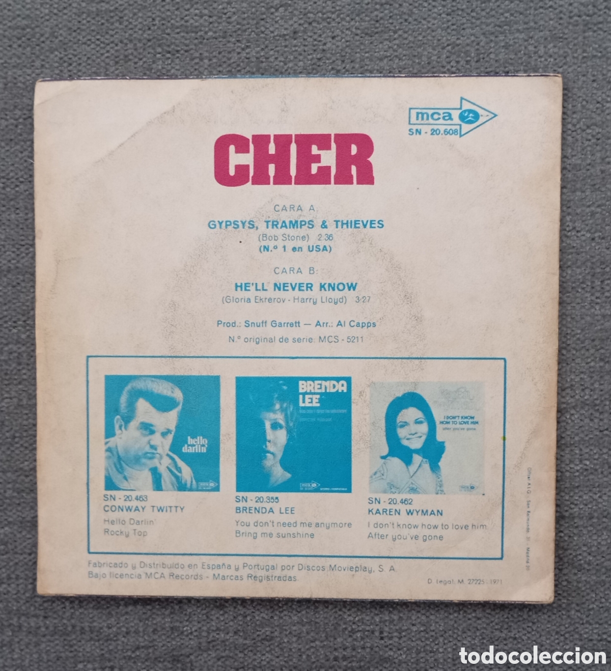 Discos de vinilo: Cher. Gypsy, Tramps & Thieves/ Hell Never Know. Single 7&rdquo;, a&ntilde;o 1971. - Foto 2