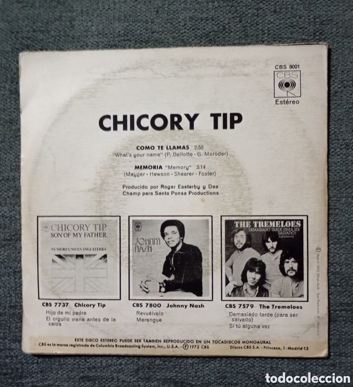 Discos de vinilo: Chicory Tip. Whats Your Name/ Memory. Single 7&rdquo;, a&ntilde;o 1972. - Foto 2