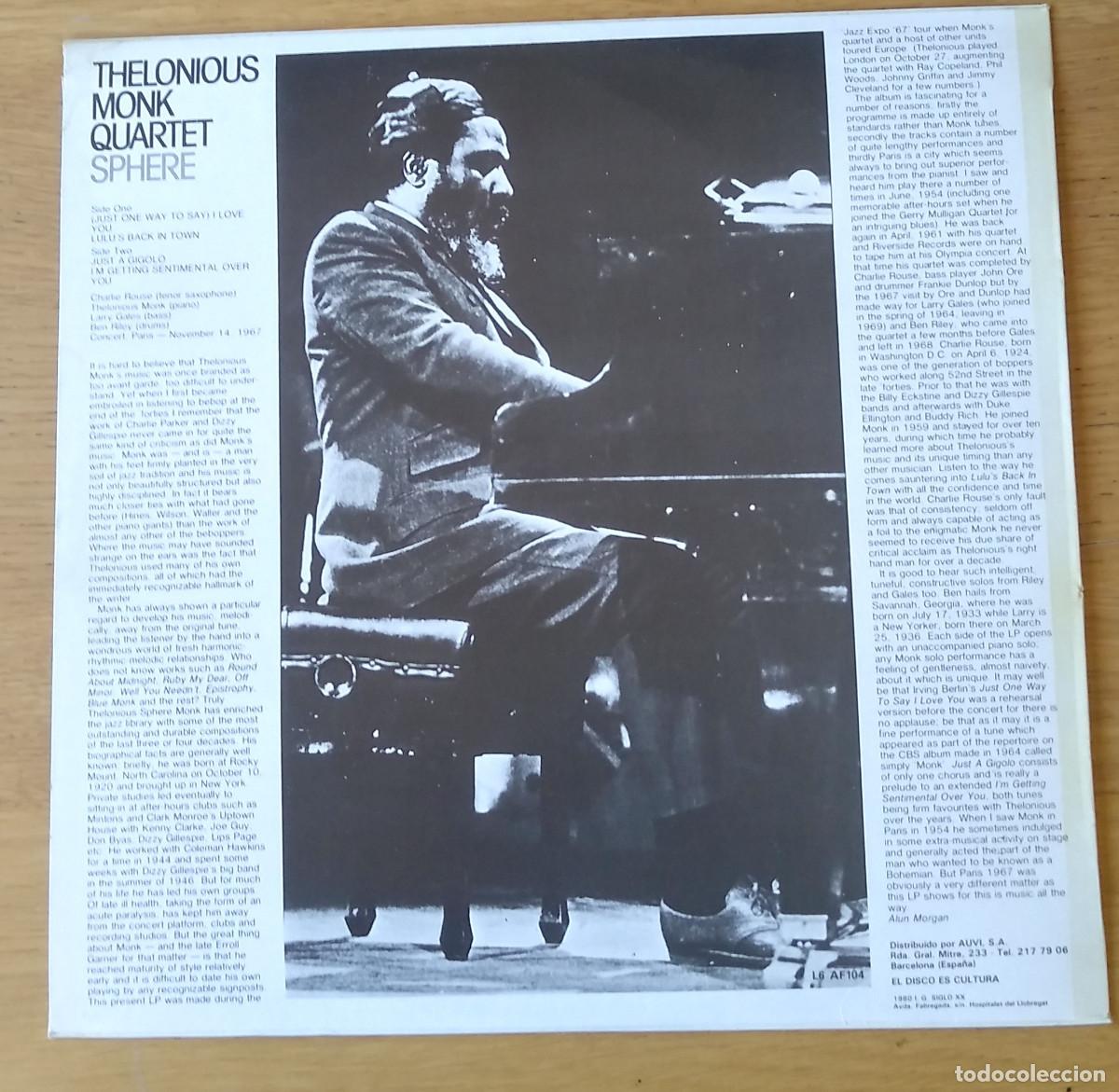 Discos de vinilo: THELONIOUS MONK QUARTET: &rdquo;SPHERE&rdquo; LP VINILO 1980 - JAZZ - Foto 2