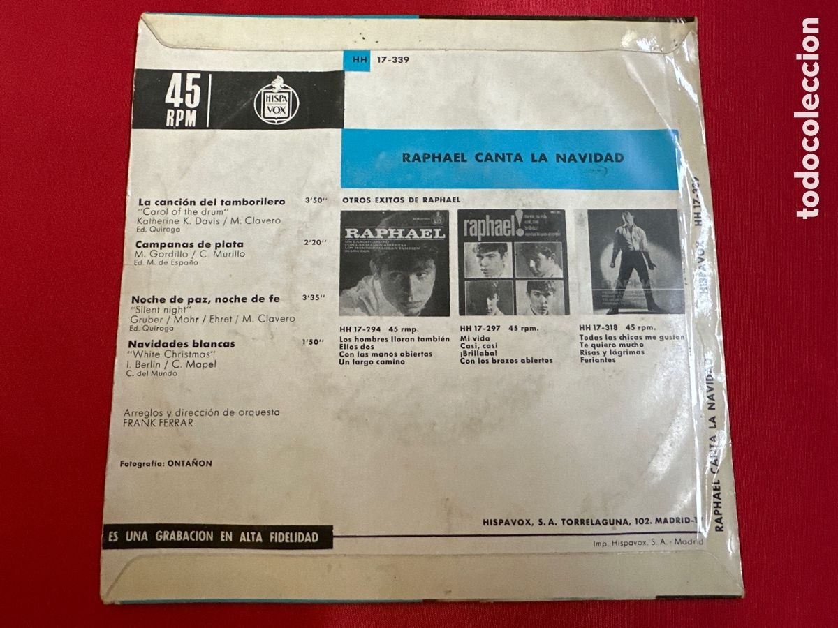 Discos de vinilo: RAPHAEL - CANTA LA NAVIDAD EP 4 TEMAS 1965 - Foto 2