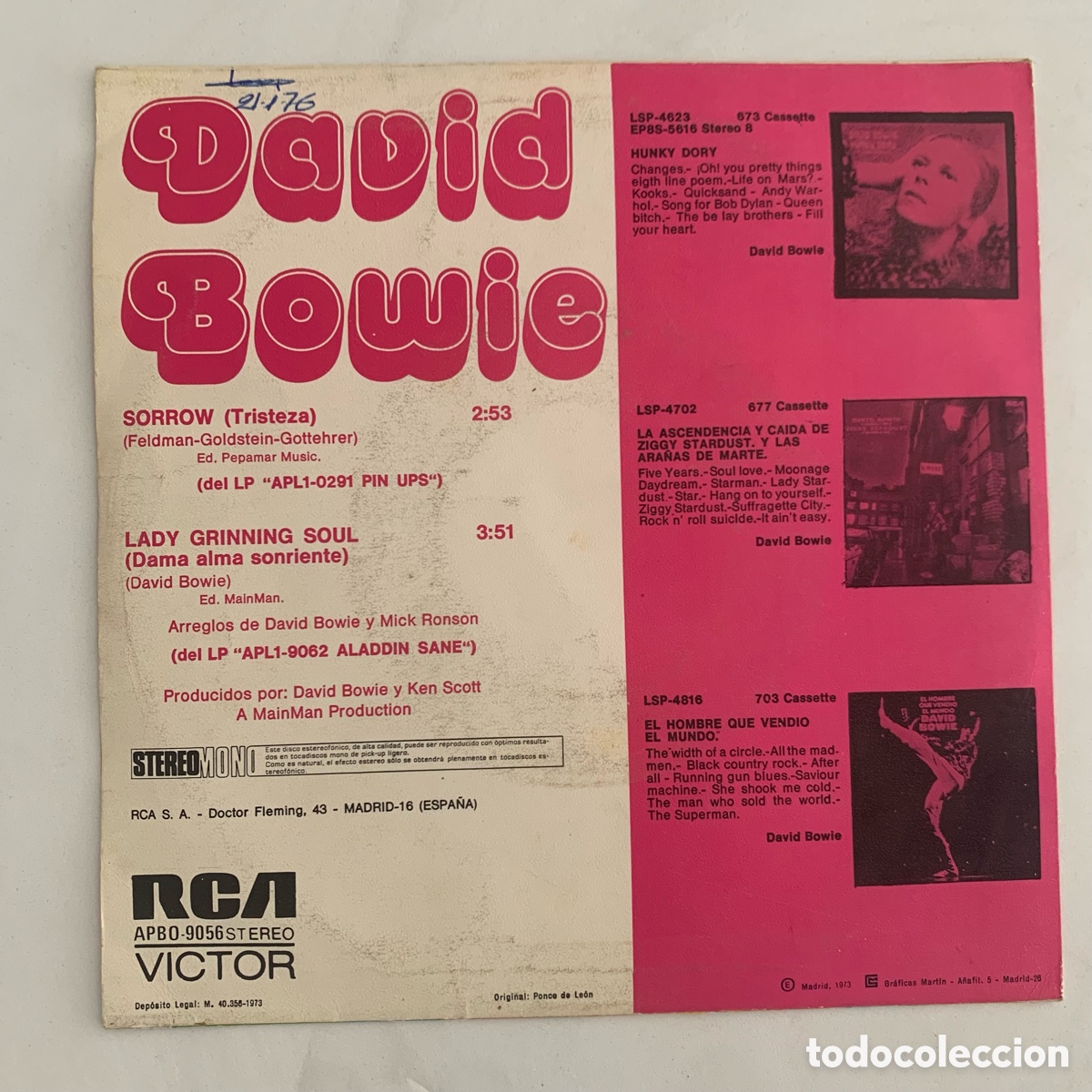 Discos de vinilo: Single David Bowie - Sorrow edicion espa&ntilde;ola de 1973 - Foto 2